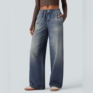 NWT Halara Mid Rise Denim Print French Terry Casual Sweatpants Jeans, XS